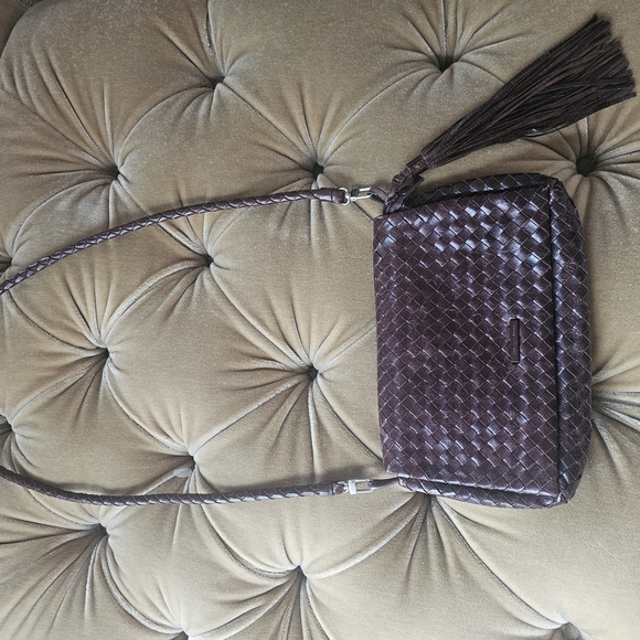 Woven Italian Dark Brown Leather Crossbody Francesco Biasia Bag - Picture 1 of 11